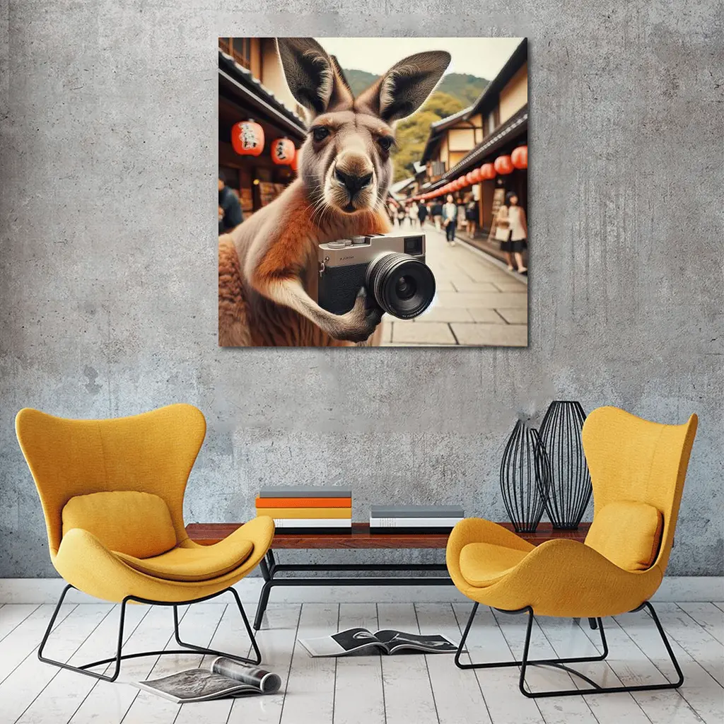 Kangaroo Tourist Selfie Japanese Street Scene – Wall Art