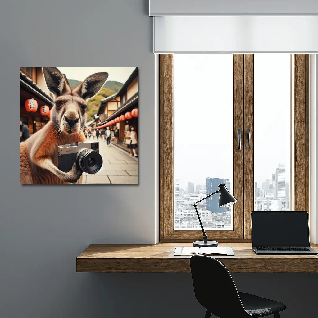 Kangaroo Tourist Selfie Japanese Street Scene – Wall Art