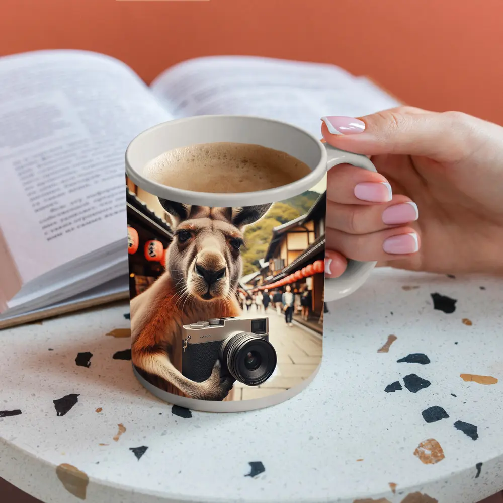 Kangaroo Tourist Selfie Japanese Street Scene – Mugs
