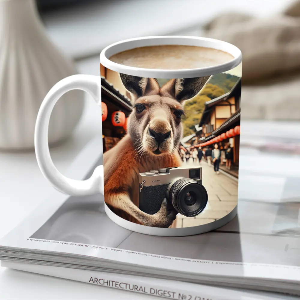 Kangaroo Tourist Selfie Japanese Street Scene – Mugs
