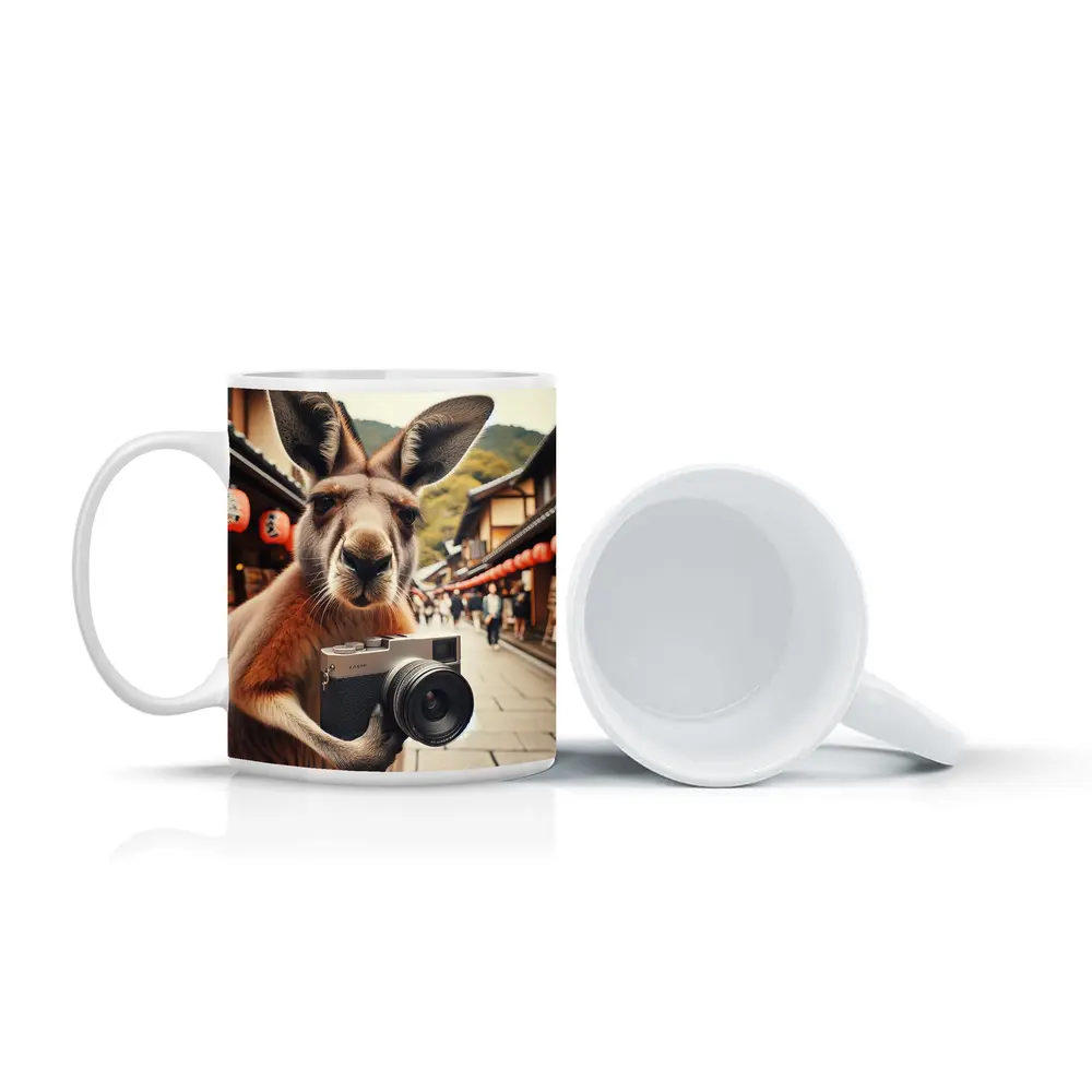 Kangaroo Tourist Selfie Japanese Street Scene – Mugs