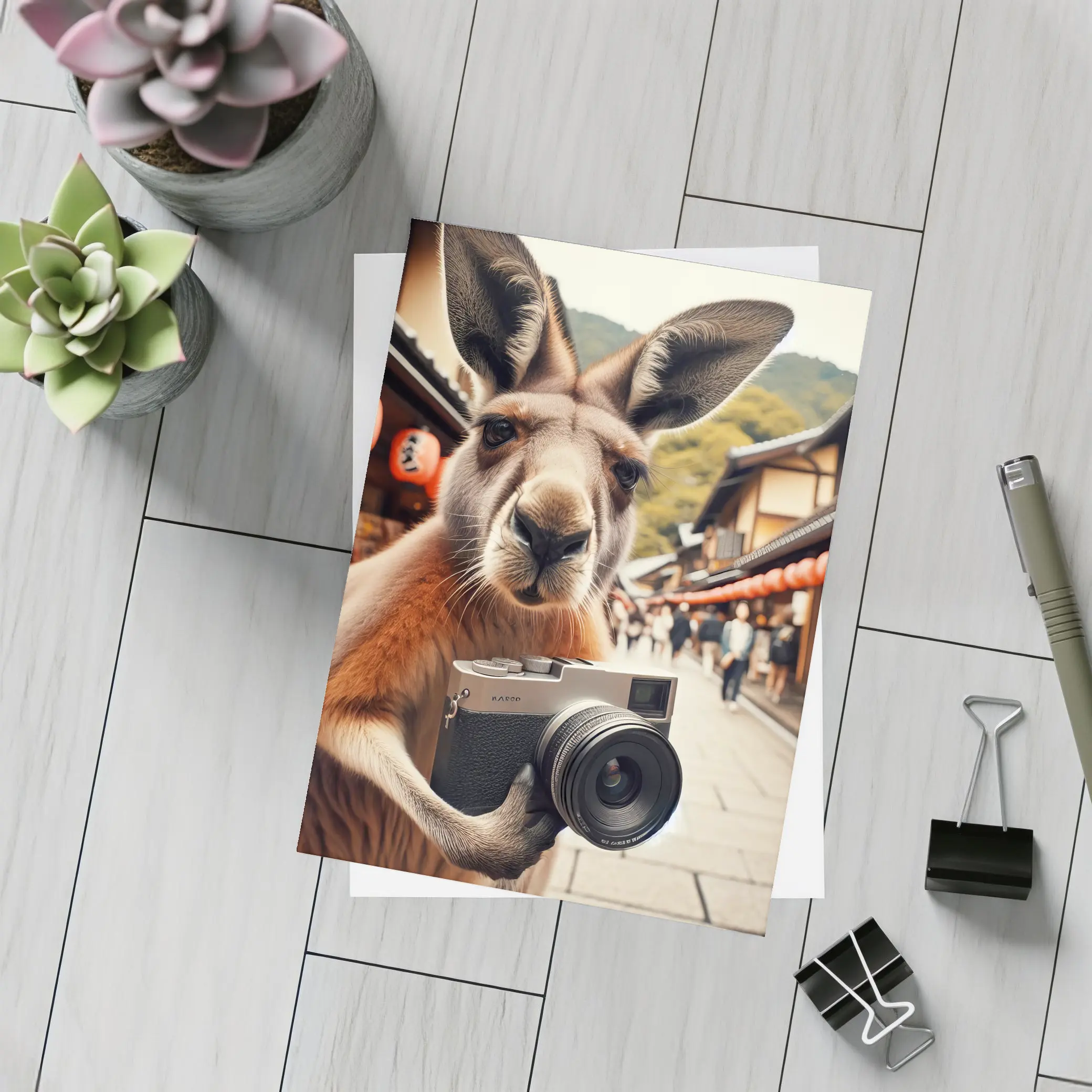 Kangaroo Tourist Selfie Japanese Street Scene – Postcards