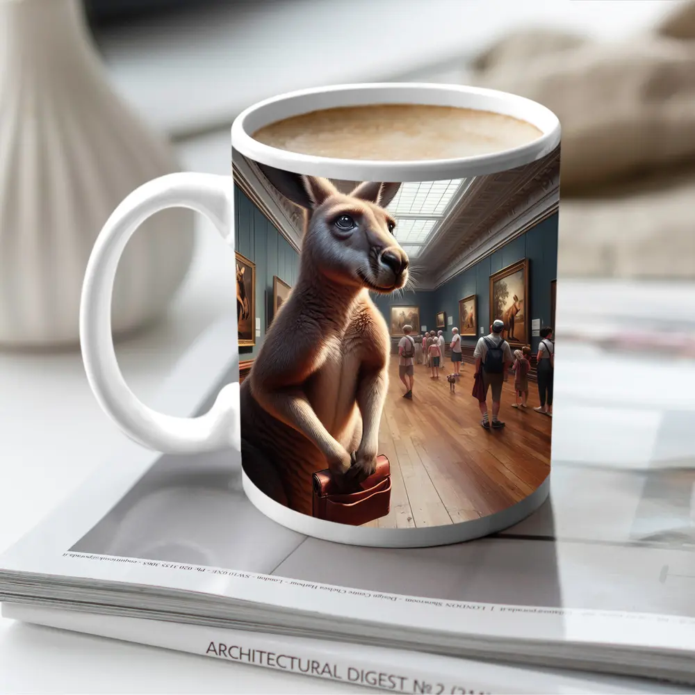 Kangaroo With Briefcase In Art Gallery – Mugs