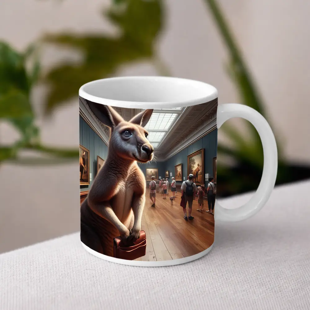 Kangaroo With Briefcase In Art Gallery – Mugs