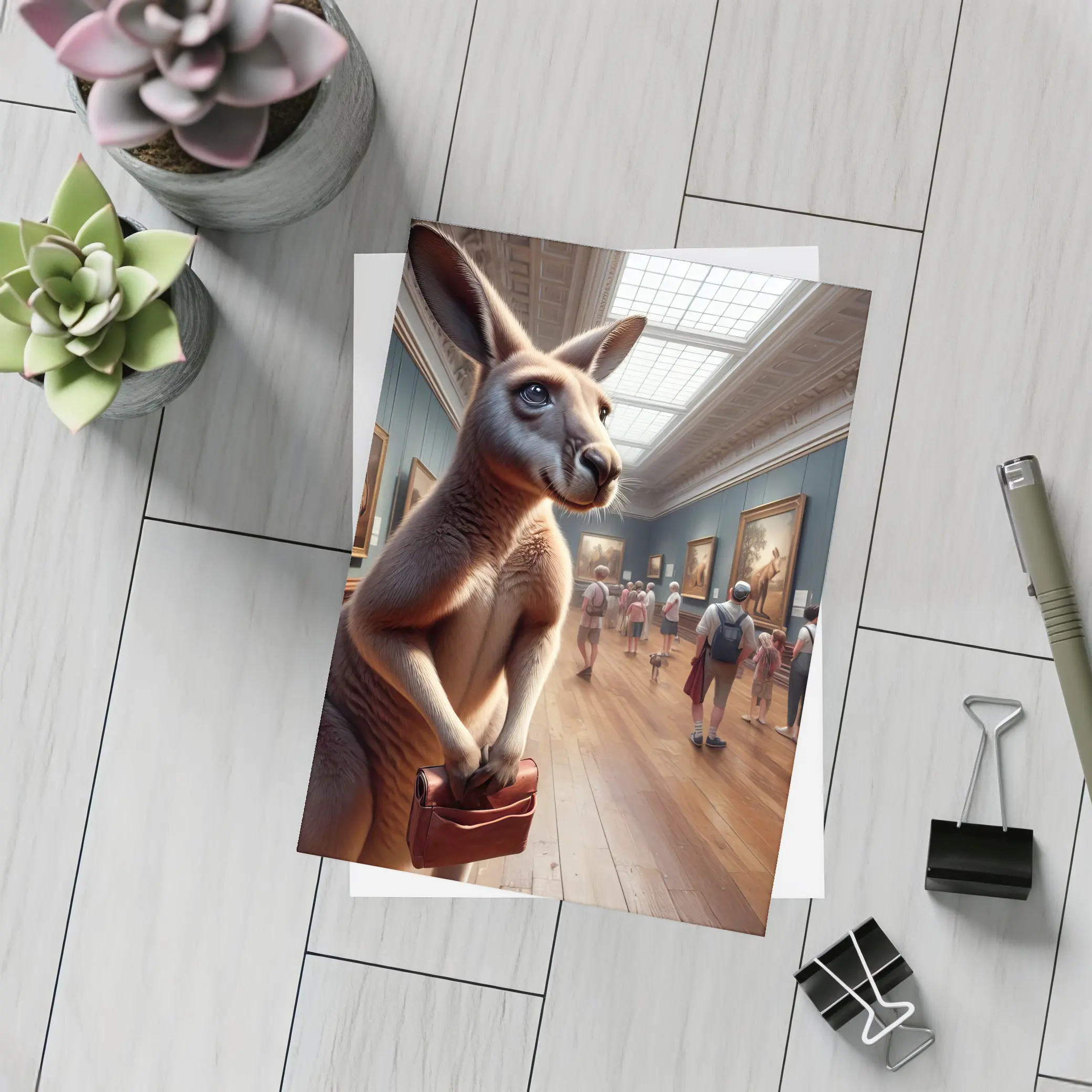 Kangaroo With Briefcase In Art Gallery – Postcards