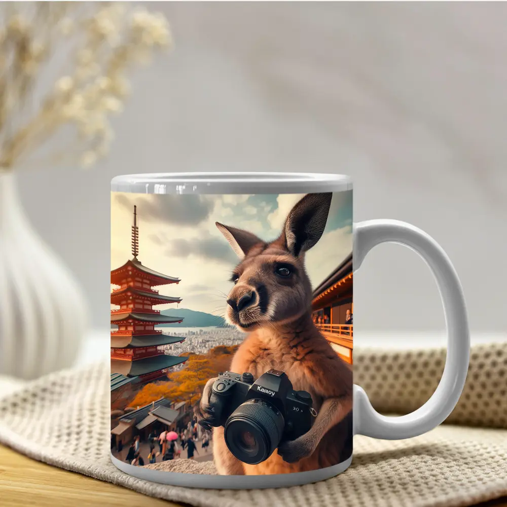 Kangaroo Tourist Photographer Japanese Pagoda Background – Mugs