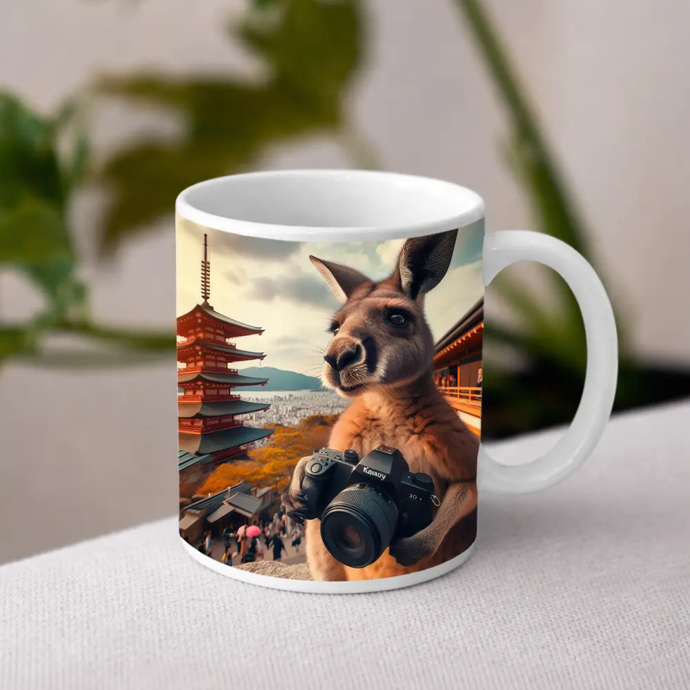 Kangaroo Tourist Photographer Japanese Pagoda Background – Mugs