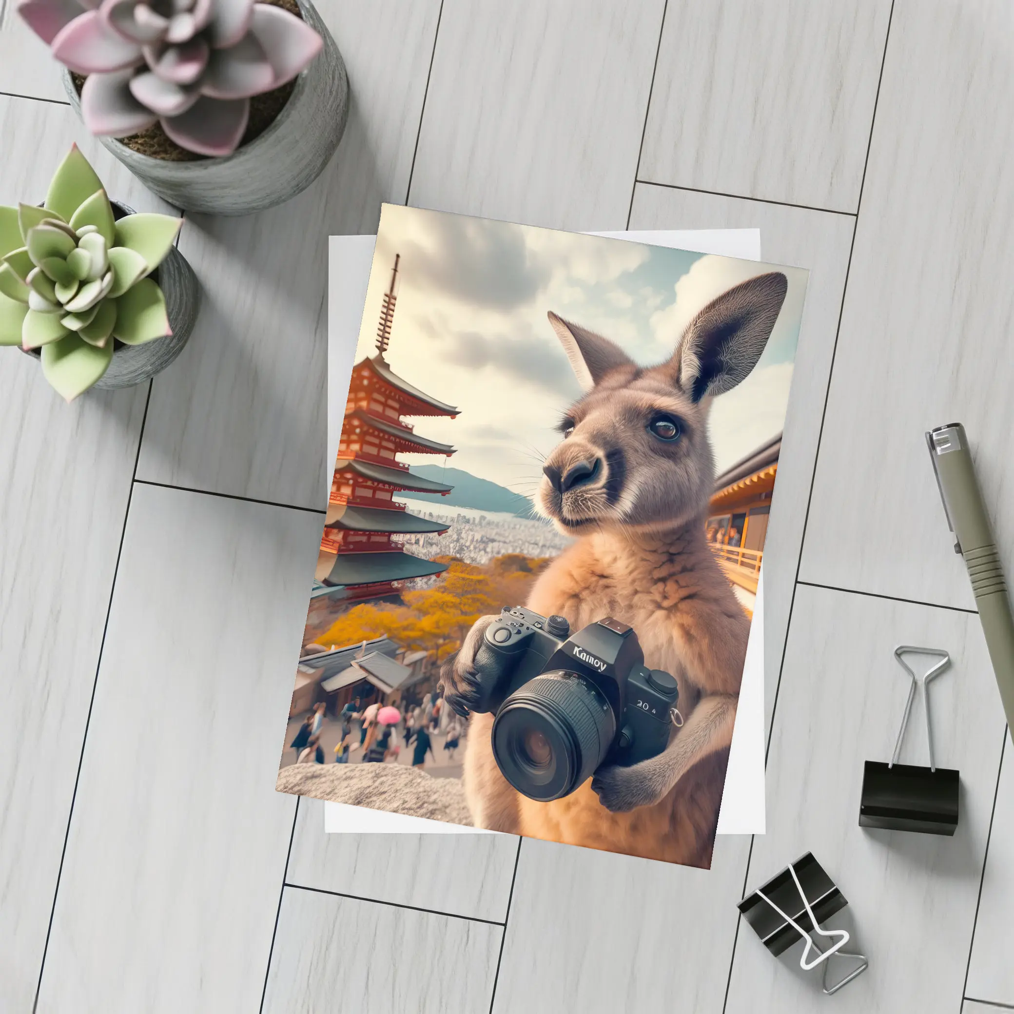 Kangaroo Tourist Photographer Japanese Pagoda Background – Postcards