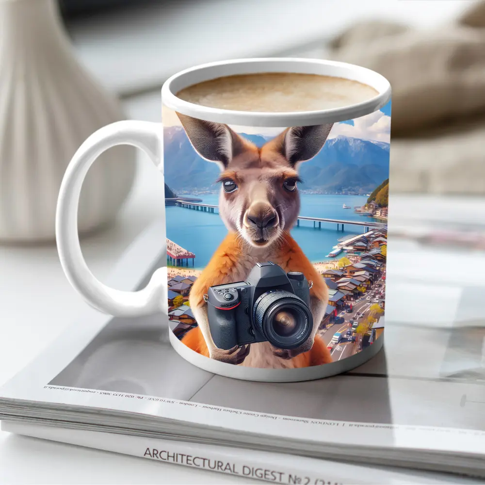 Kangaroo Tourist Holding Camera Japan Town – Mugs
