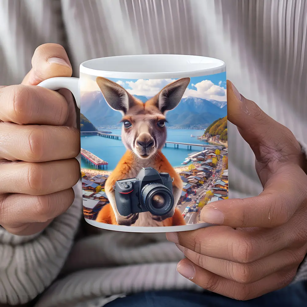 Kangaroo Tourist Holding Camera Japan Town – Mugs