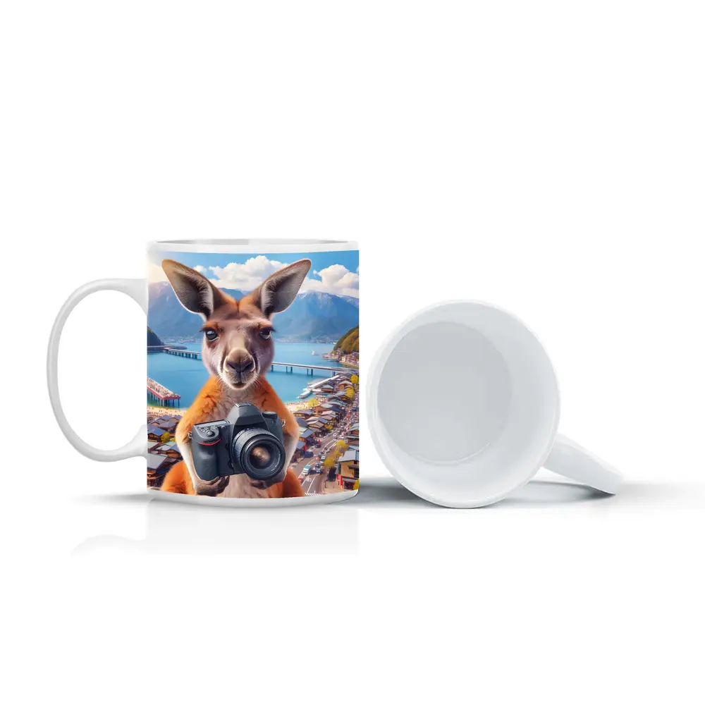 Kangaroo Tourist Holding Camera Japan Town – Mugs
