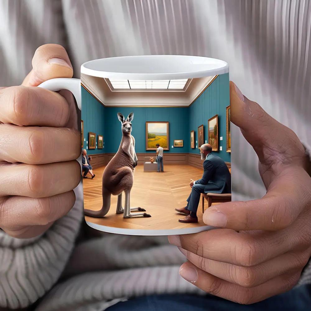 Kangaroo Standing Inside Art Museum Gallery – Mugs