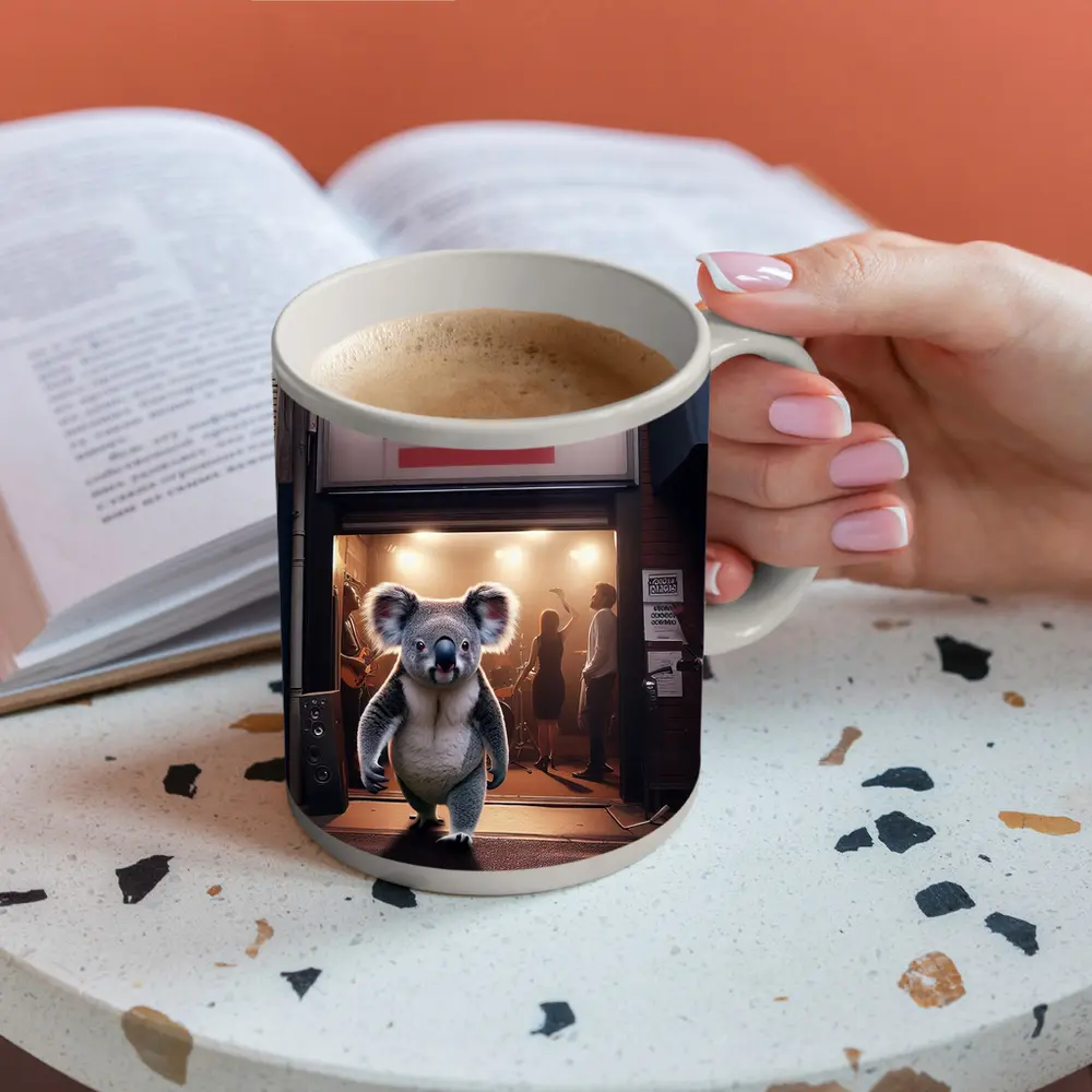 Koala Walking Out of Music Store – Mugs