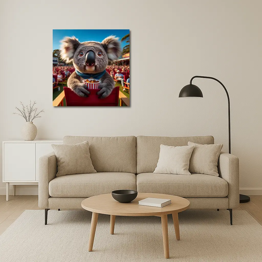 Koala Eating Popcorn At Outdoor Cinema – Wall Art
