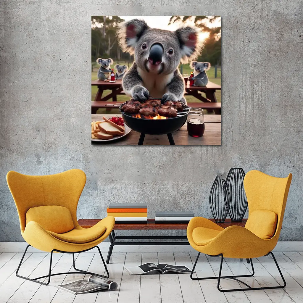 Koala Grilling Meat Outdoor BBQ Scene – Wall Art