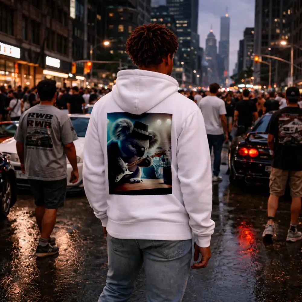 Koala Playing Guitar on Concert Stage – Hoodies