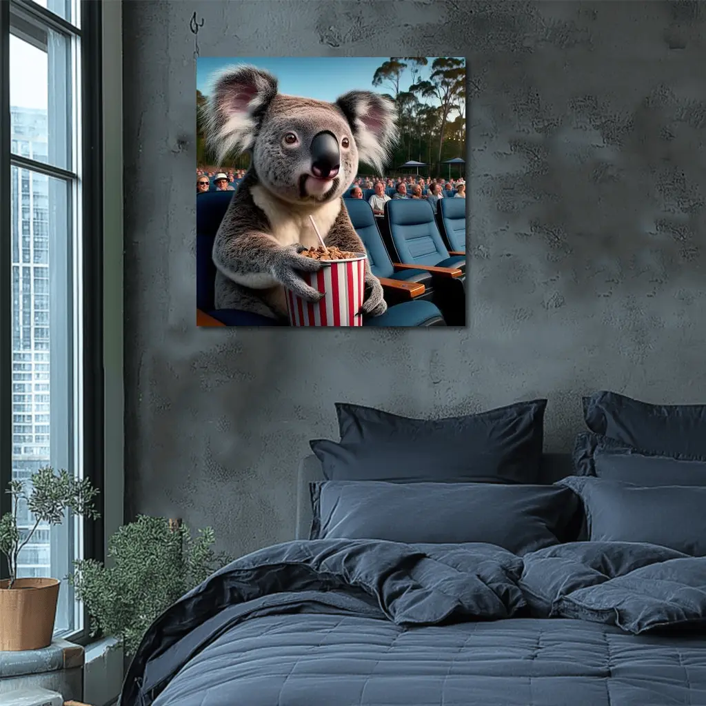 Koala Eating Popcorn at Outdoor Cinema – Wall Art