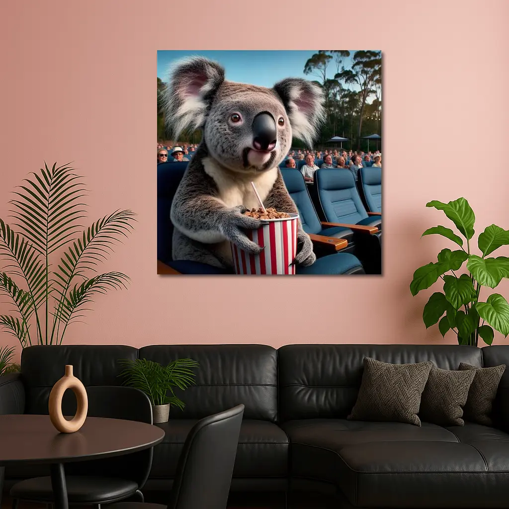 Koala Eating Popcorn at Outdoor Cinema – Wall Art