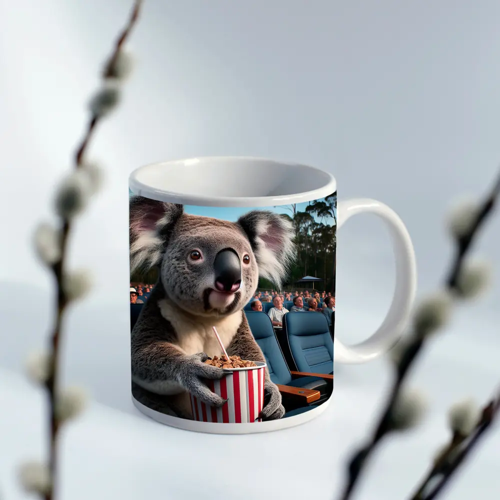 Koala Eating Popcorn at Outdoor Cinema – Mugs