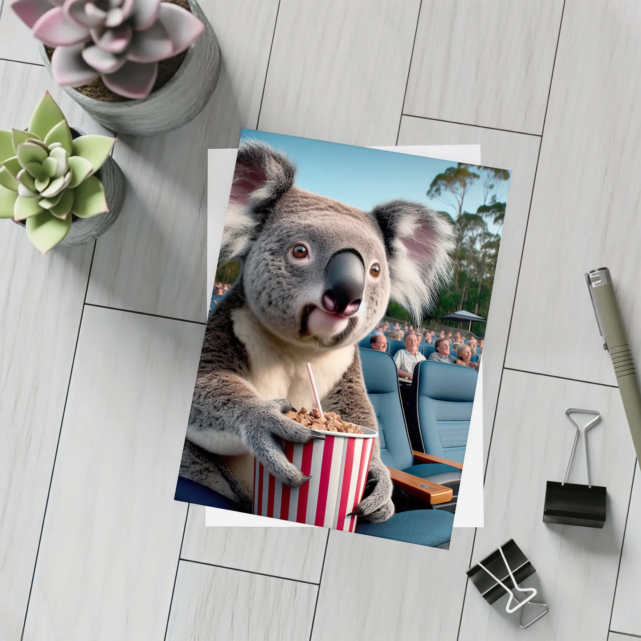 Koala Eating Popcorn at Outdoor Cinema – Postcards