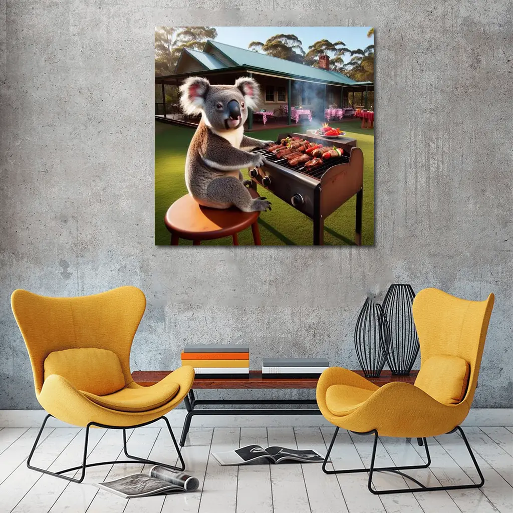 Koala Grilling BBQ Australian Backyard Scene – Wall Art
