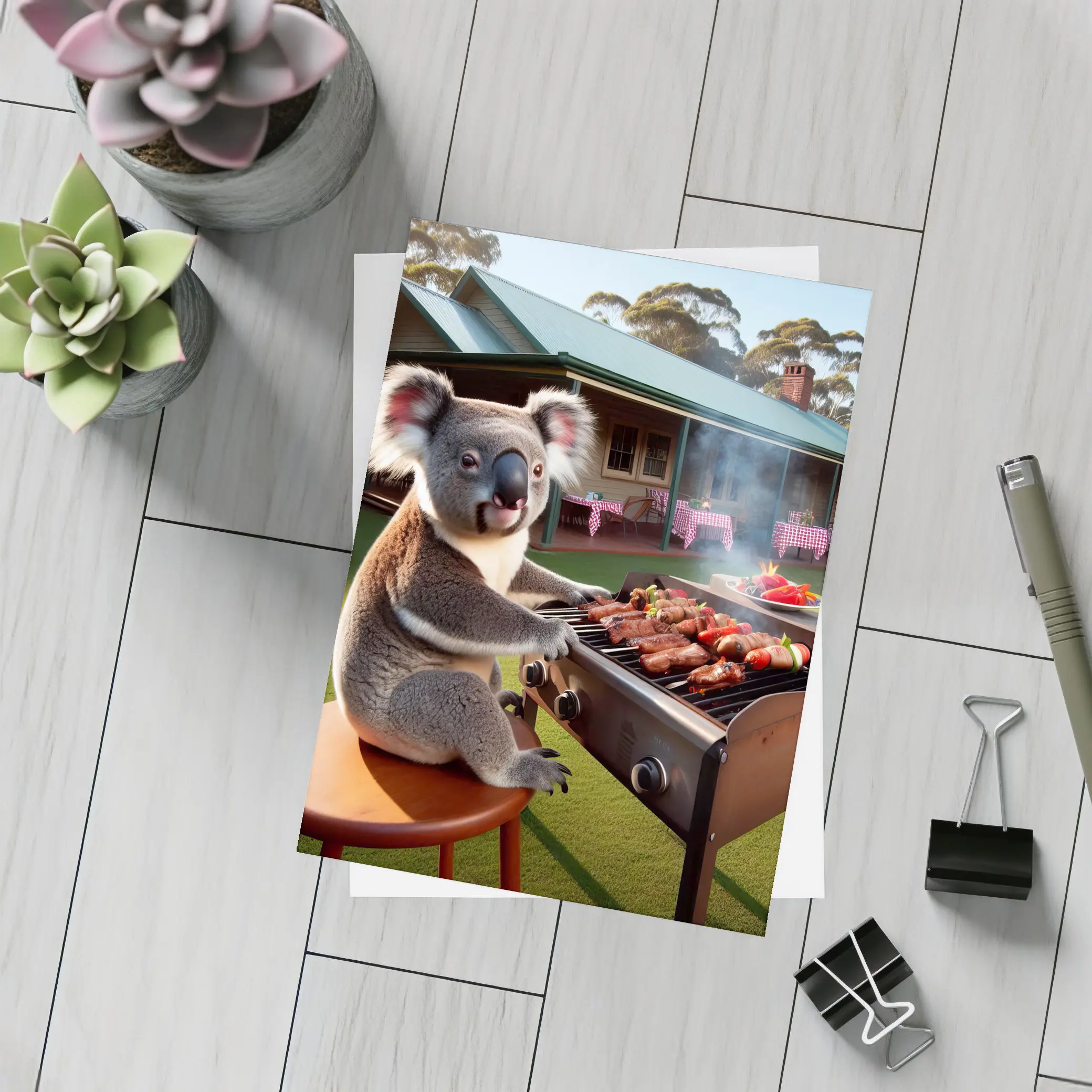 Koala Grilling BBQ Australian Backyard Scene – Postcards