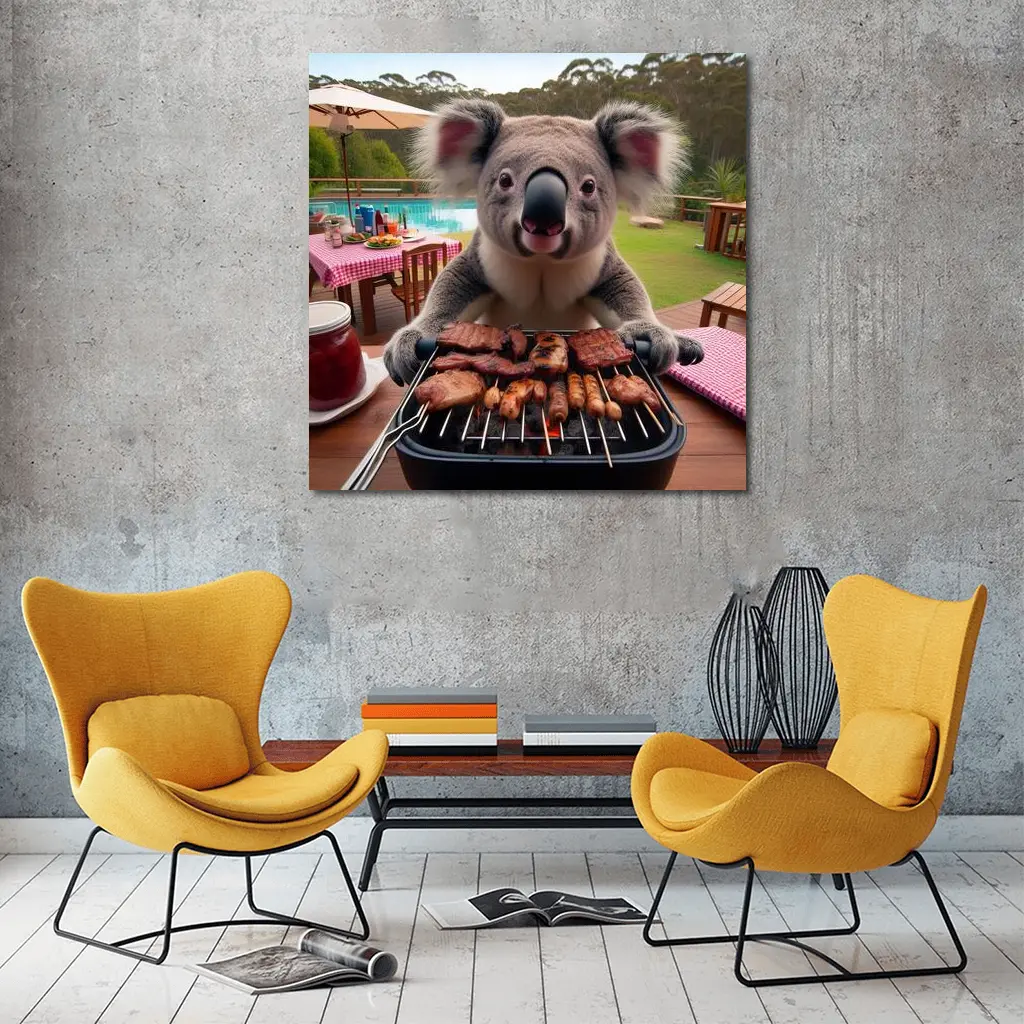 Koala Grilling Meat at Backyard BBQ – Wall Art