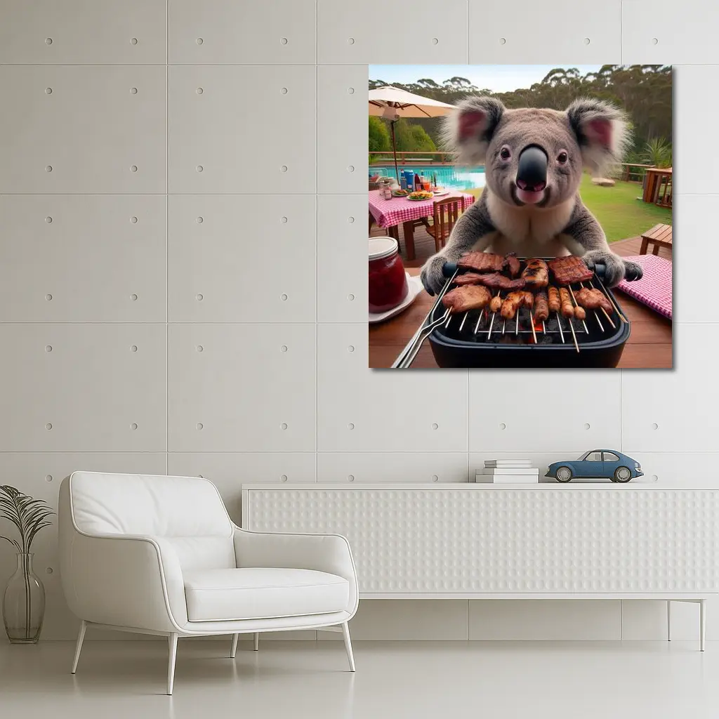 Koala Grilling Meat at Backyard BBQ – Wall Art