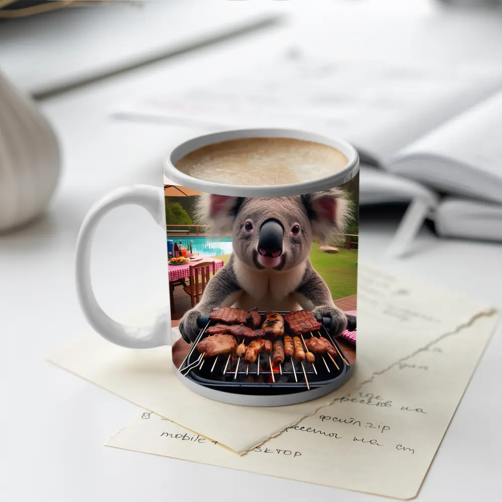 Koala Grilling Meat at Backyard BBQ – Mugs