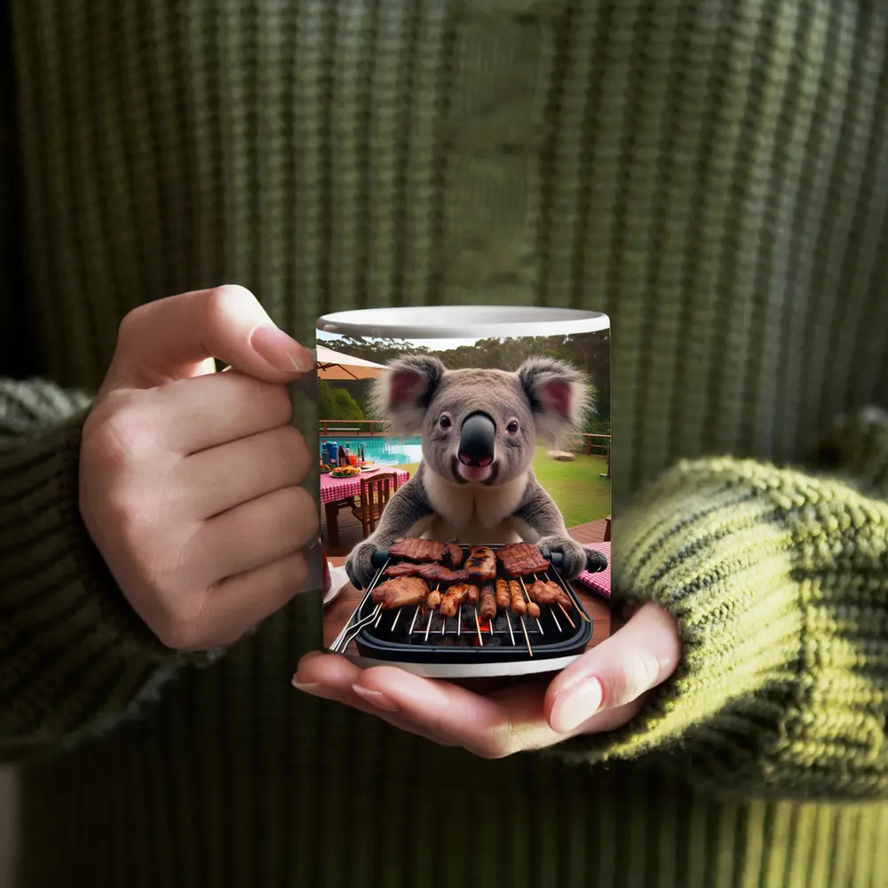 Koala Grilling Meat at Backyard BBQ – Mugs