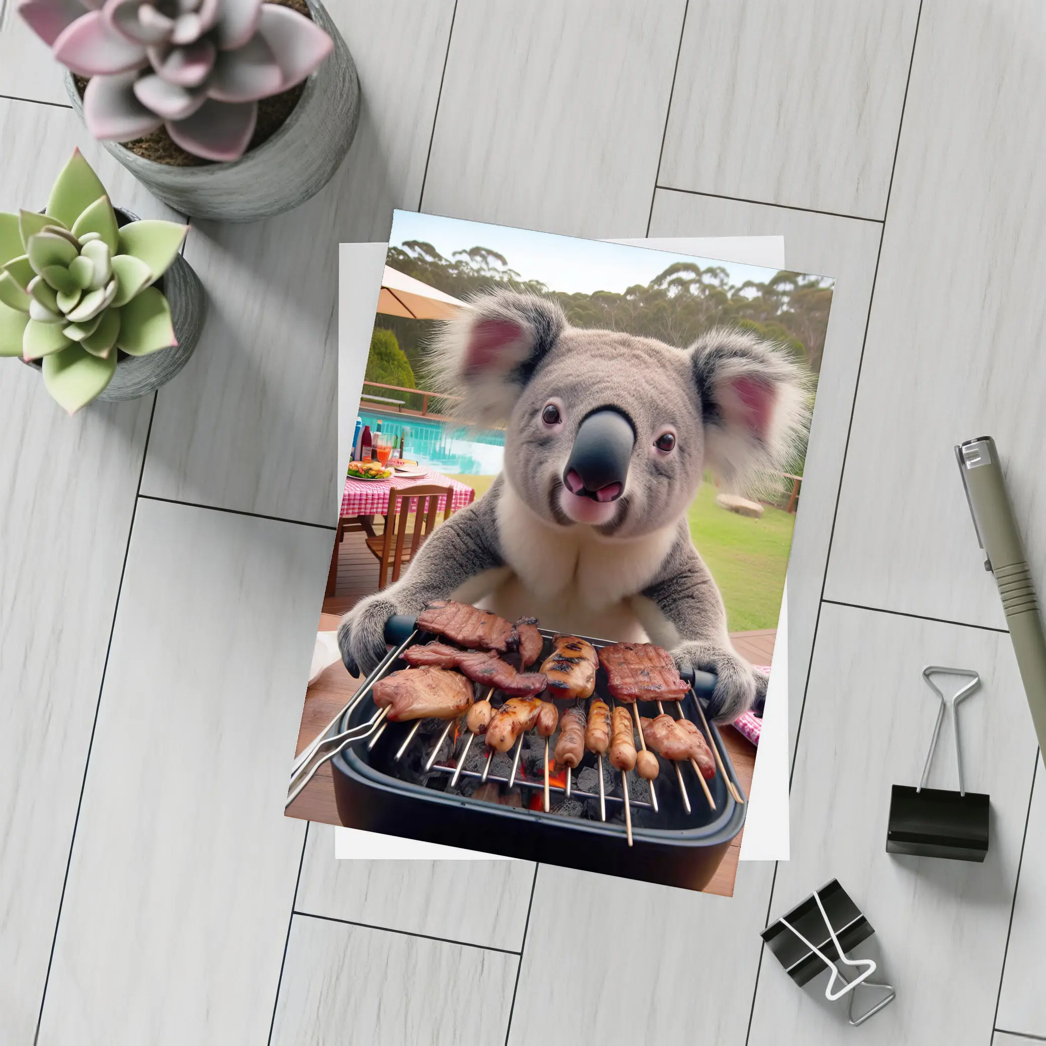 Koala Grilling Meat at Backyard BBQ – Postcards
