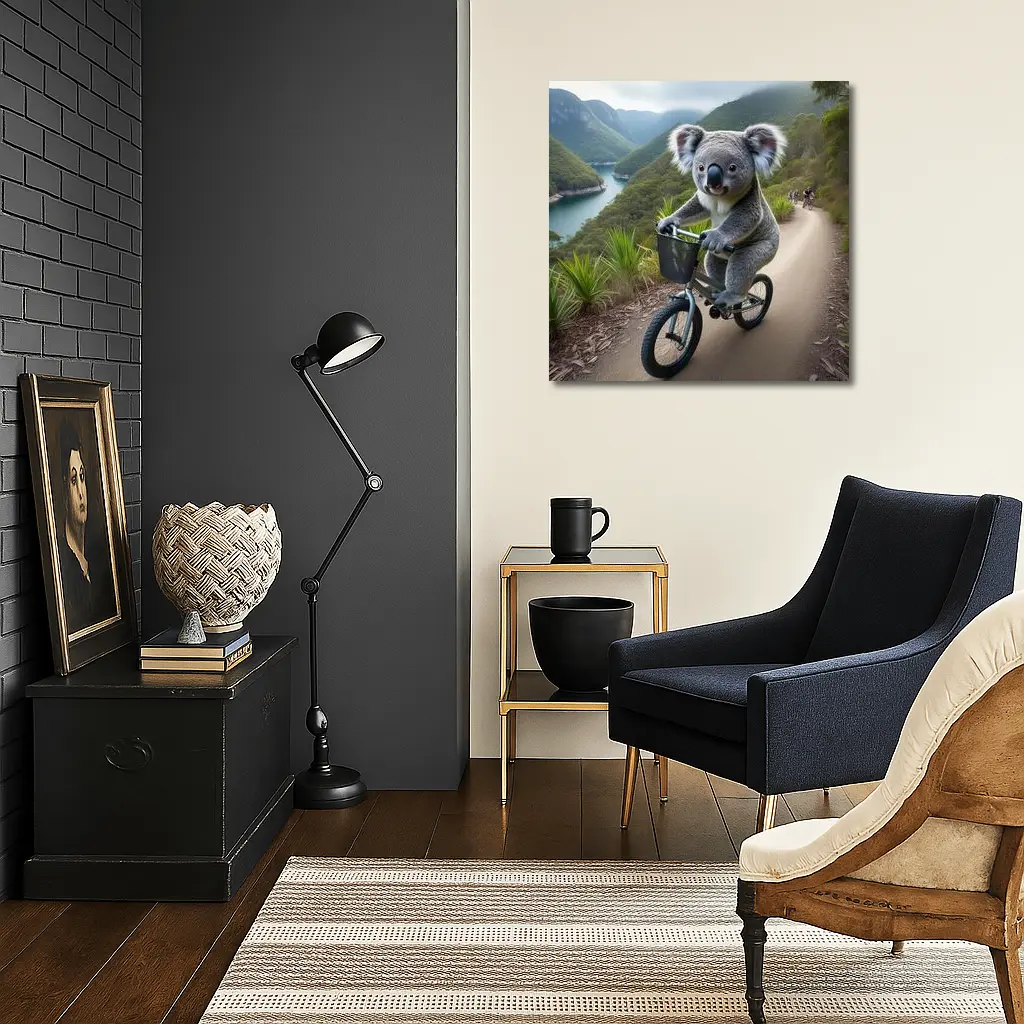 Koala Riding Bicycle On Mountain Trail – Wall Art