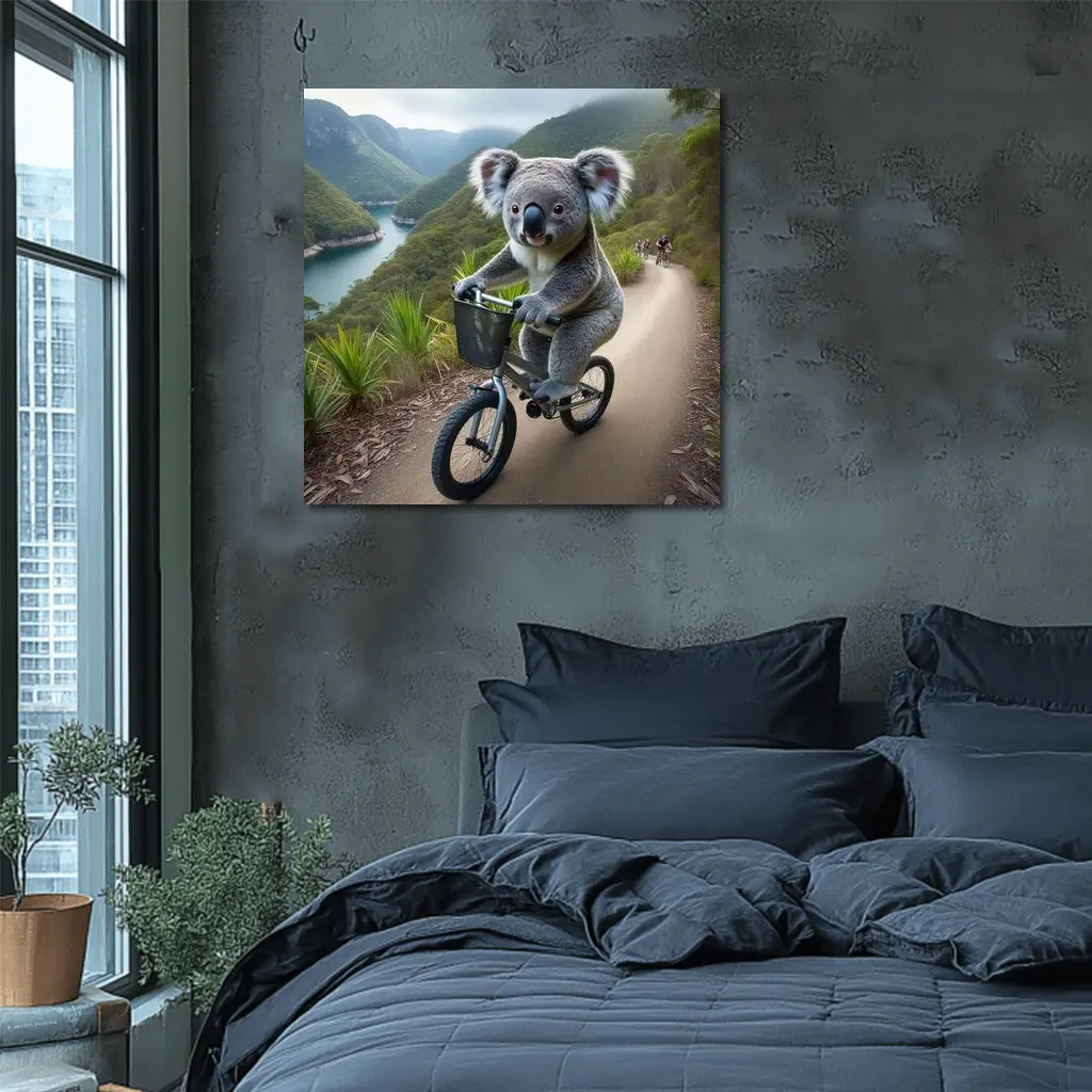 Koala Riding Bicycle On Mountain Trail – Wall Art