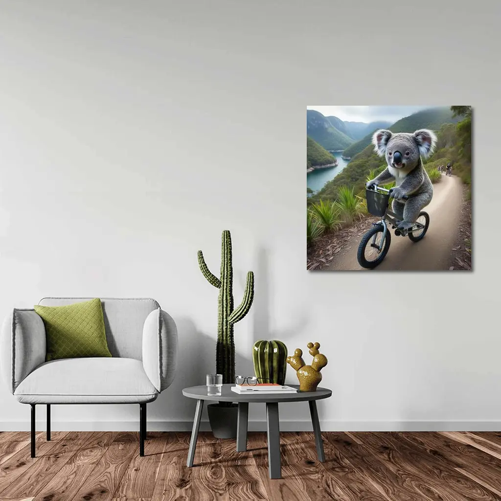 Koala Riding Bicycle On Mountain Trail – Wall Art