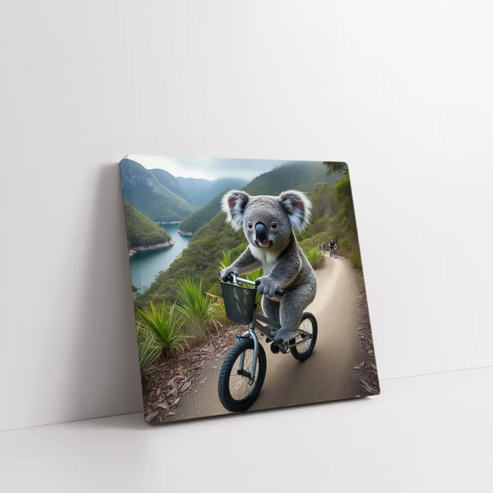 Koala Riding Bicycle On Mountain Trail – Wall Art