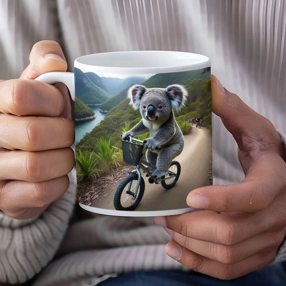 Koala Riding Bicycle On Mountain Trail – Mugs