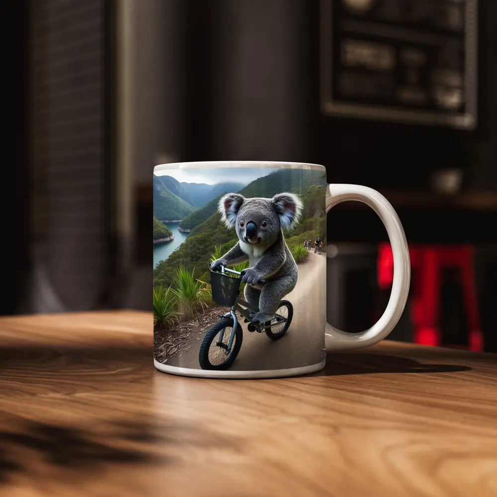 Koala Riding Bicycle On Mountain Trail – Mugs