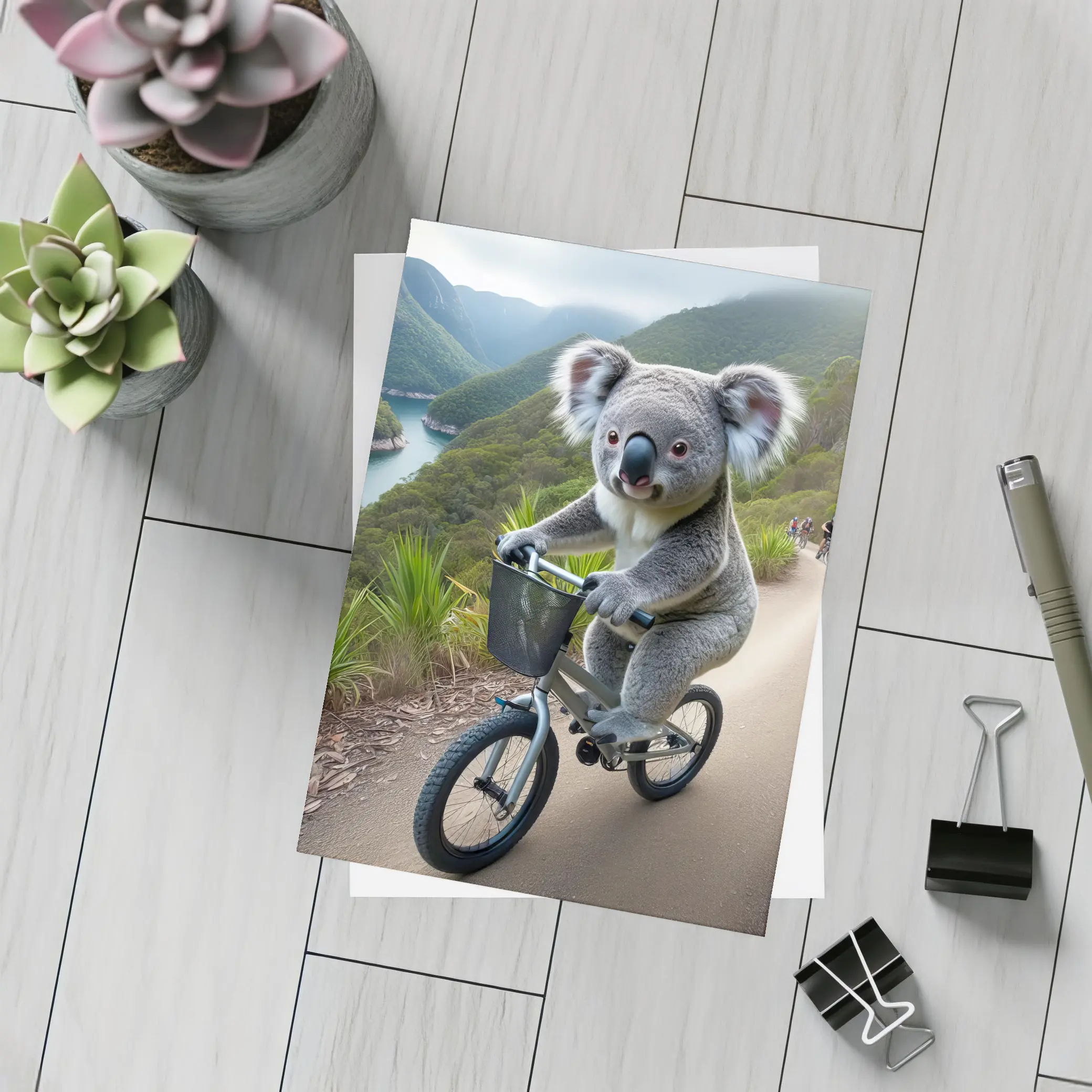 Koala Riding Bicycle On Mountain Trail – Postcards