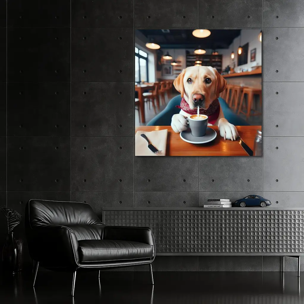 Labrador Retriever Drinking Coffee In Cafe – Wall Art