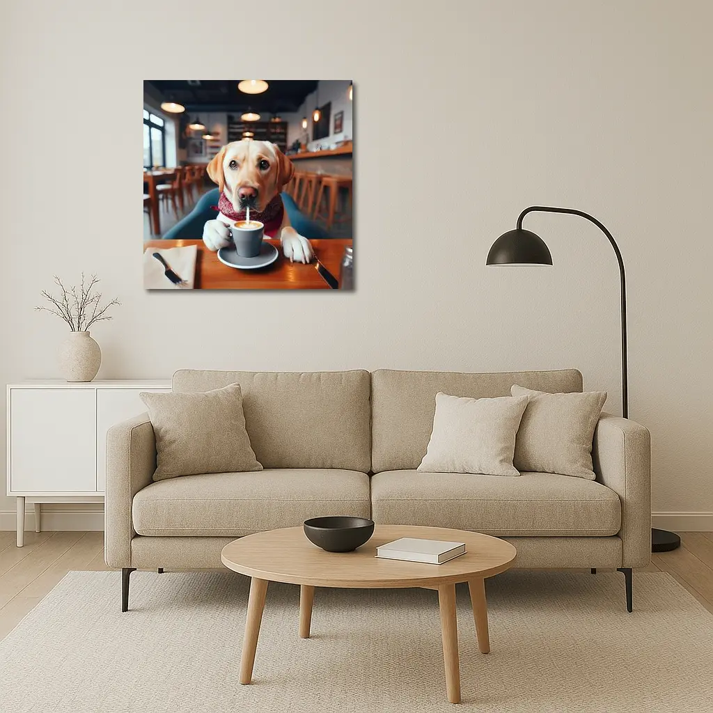Labrador Retriever Drinking Coffee In Cafe – Wall Art