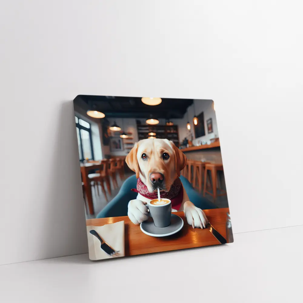 Labrador Retriever Drinking Coffee In Cafe – Wall Art