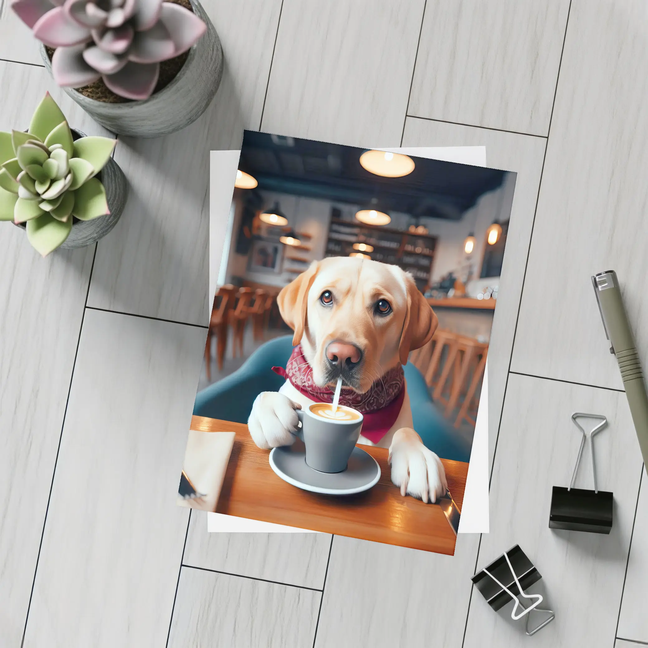 Labrador Retriever Drinking Coffee In Cafe – Postcards
