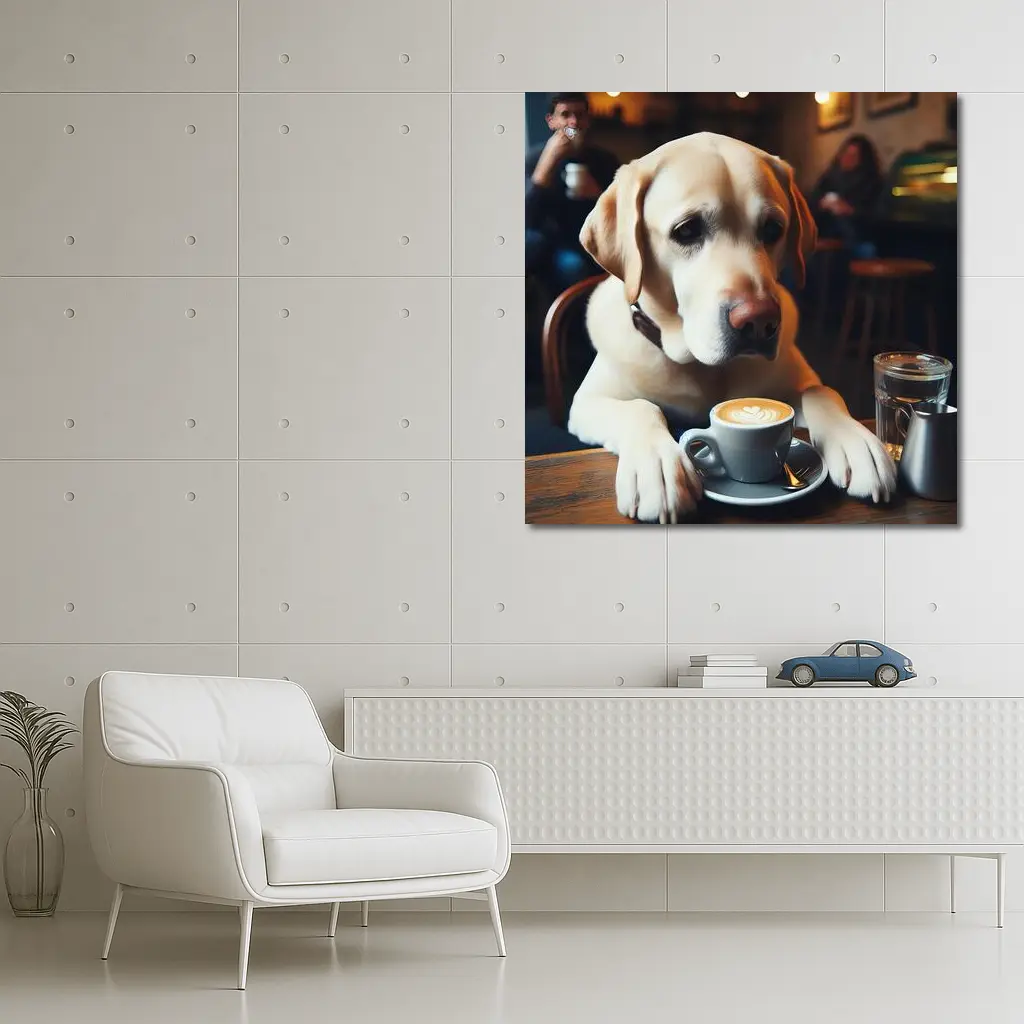 Yellow Labrador Retriever Sitting Cafe Coffee – Wall Art