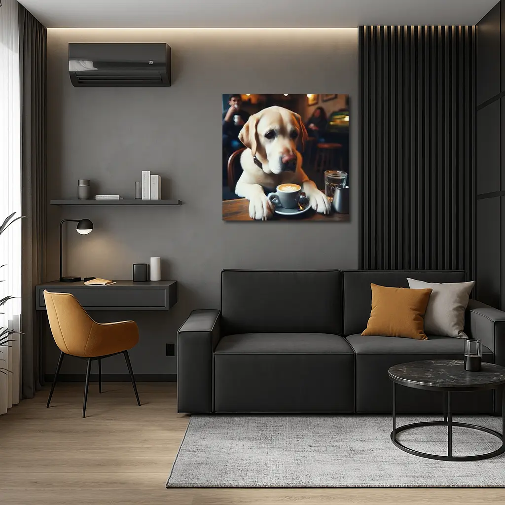 Yellow Labrador Retriever Sitting Cafe Coffee – Wall Art