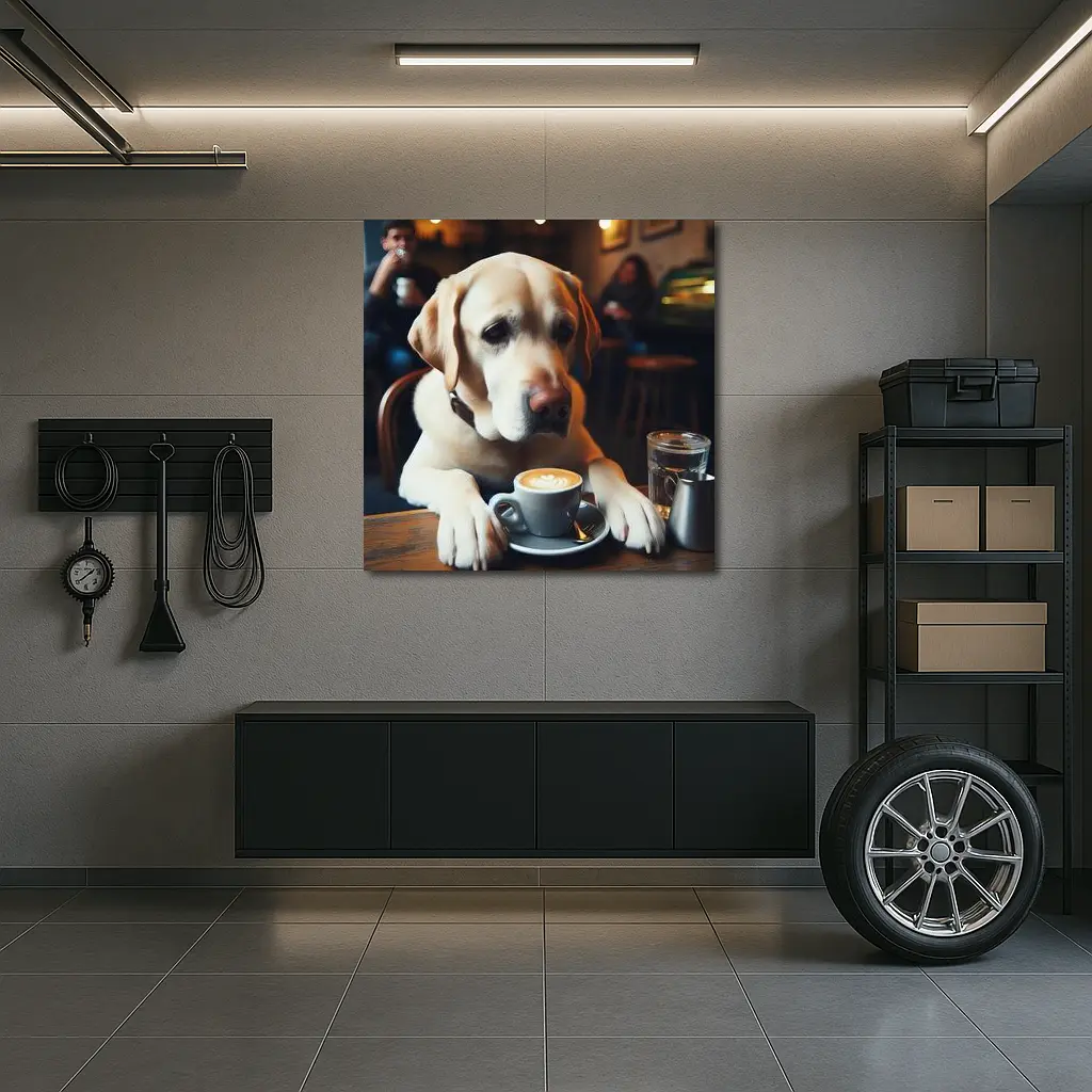 Yellow Labrador Retriever Sitting Cafe Coffee – Wall Art