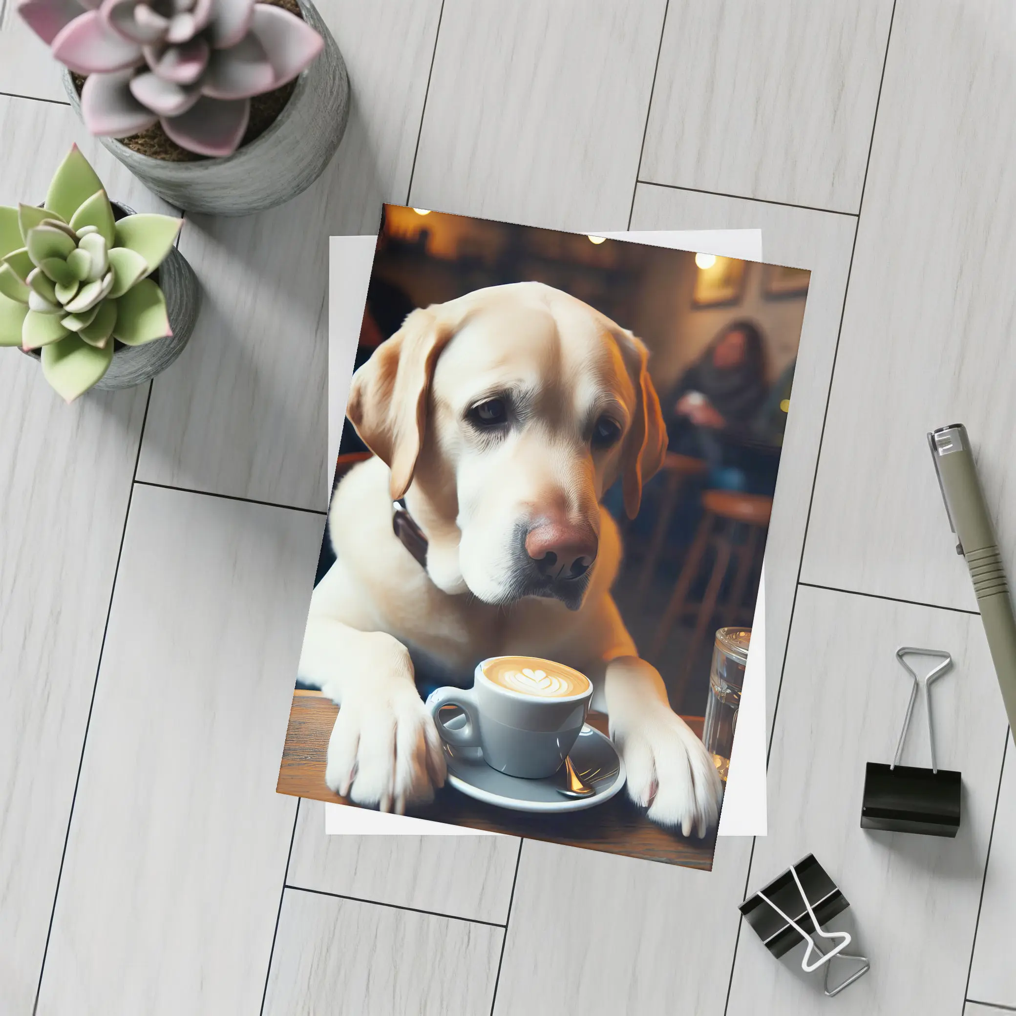 Yellow Labrador Retriever Sitting Cafe Coffee – Postcards
