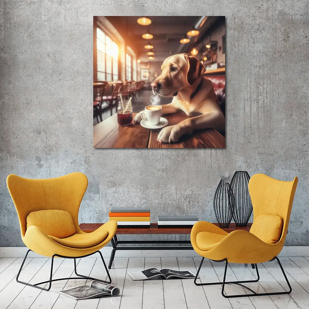 Labrador Retriever Sitting in Cozy Cafe – Wall Art
