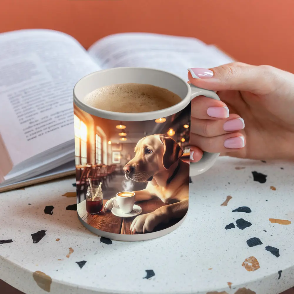 Labrador Retriever Sitting in Cozy Cafe – Mugs