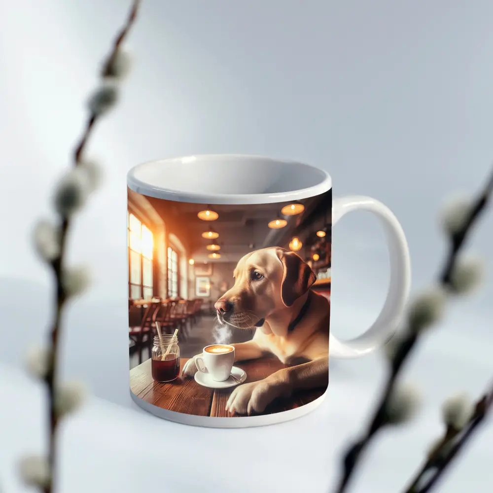 Labrador Retriever Sitting in Cozy Cafe – Mugs