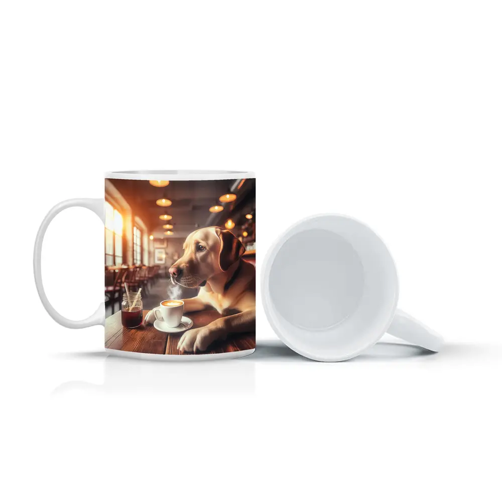 Labrador Retriever Sitting in Cozy Cafe – Mugs